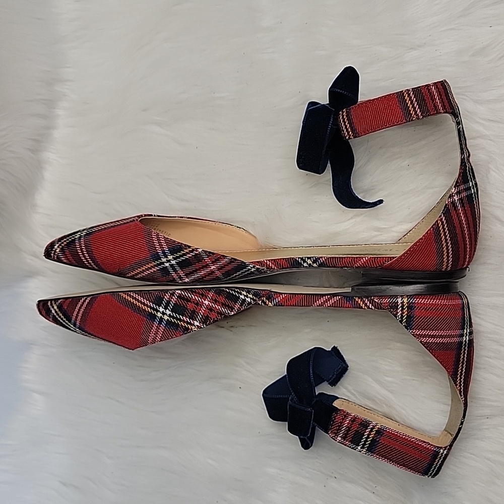 J.CREW Red Tartan Plaid d'Orsay Velvet Ankle Tie Festive Preppy Holiday Flat 7.5 - Picture 4 of 13